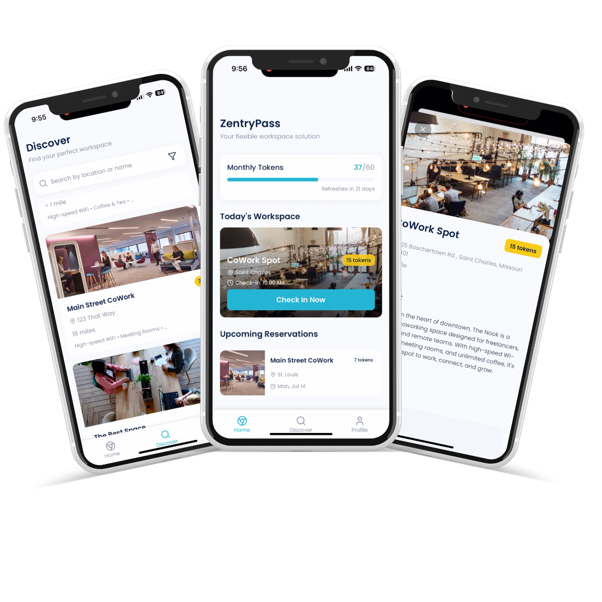Zentry Pass Mobile App Screenshots - Discover workspaces, make reservations, check in with GPS, and access premium rooms