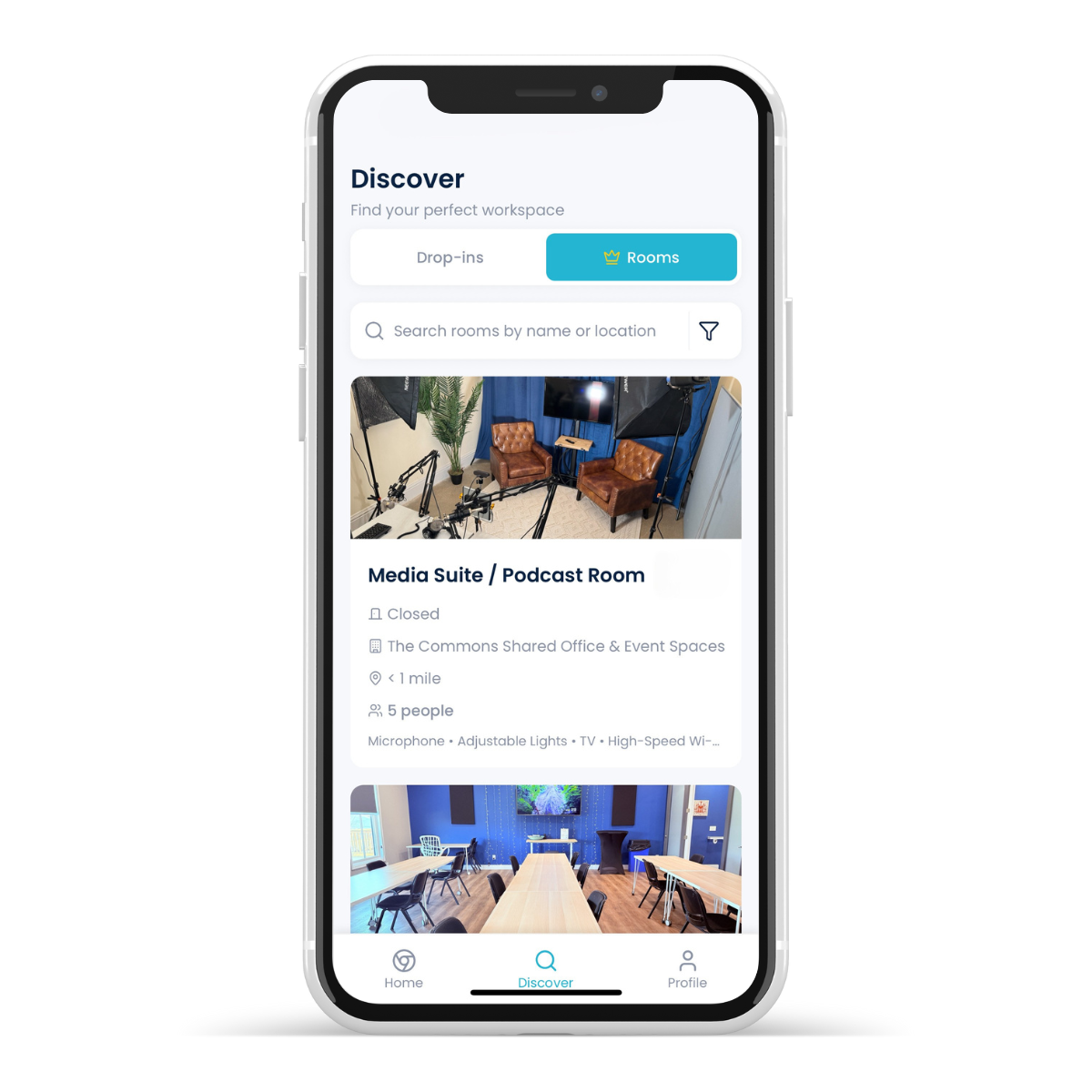 Zentry Pass Mobile App - Rooms Tab showing podcast rooms, conference spaces, and premium room bookings
