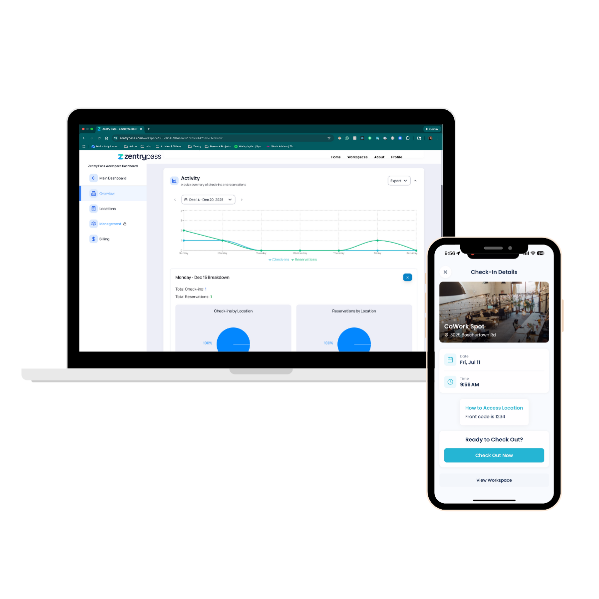 Zentry Pass workspace dashboard and mobile check-in